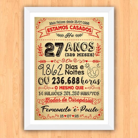 Quadro Poster Chalkboard Bodas Crisopásio 27 Anos 30x42cm