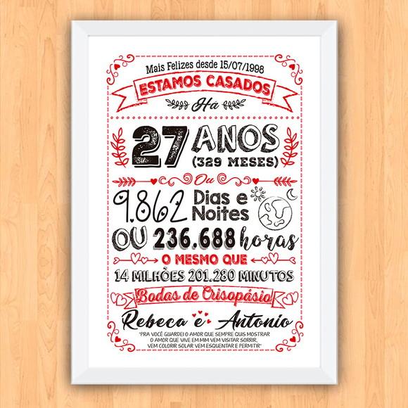 Quadro Poster Chalkboard Bodas Crisopásio 27 Anos 30x42cm