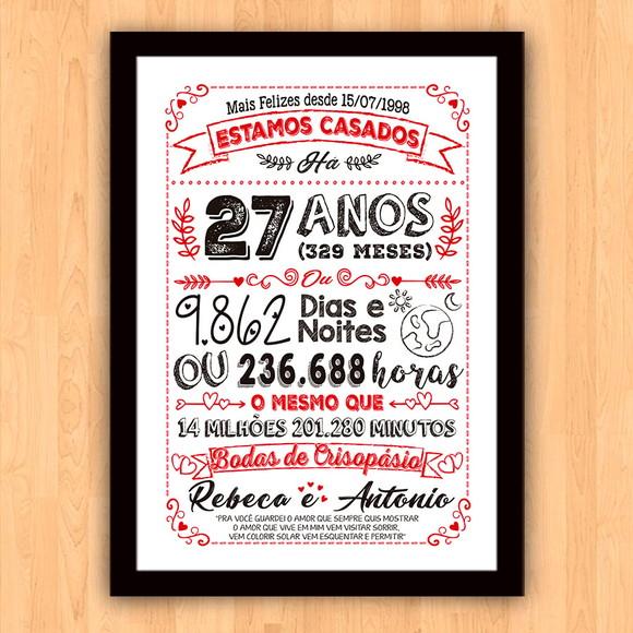 Quadro Poster Chalkboard Bodas Crisopásio 27 Anos 30x42cm