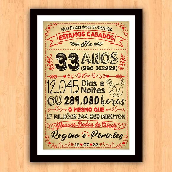 Quadro Poster Chalkboard Bodas Crizo 33 Anos A3 30x42cm