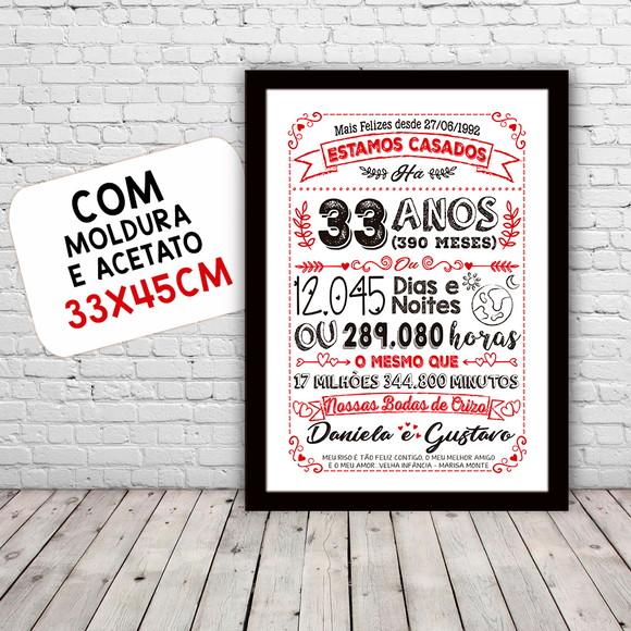 Quadro Poster Chalkboard Bodas Crizo 33 Anos A3 30x42cm