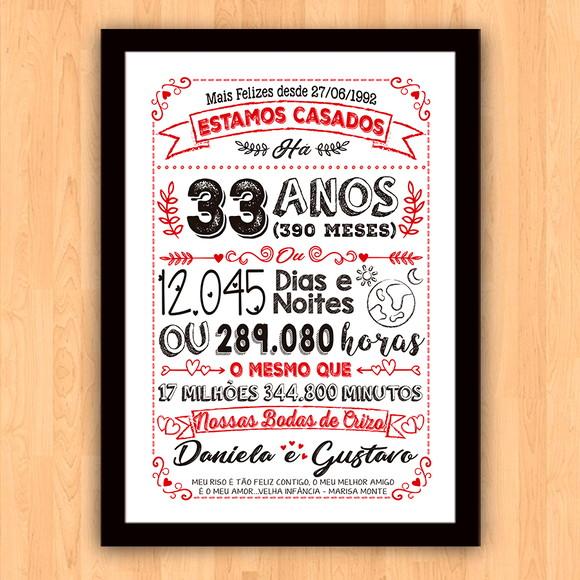 Quadro Poster Chalkboard Bodas Crizo 33 Anos A3 30x42cm