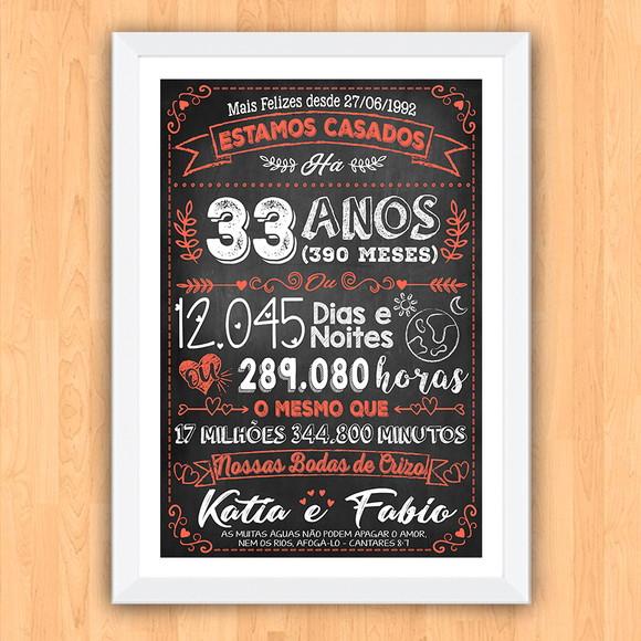 Quadro Poster Chalkboard Bodas Crizo 33 Anos A3 30x42cm