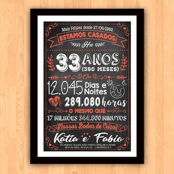 Quadro Poster Chalkboard Bodas Crizo 33 Anos A3 30x42cm