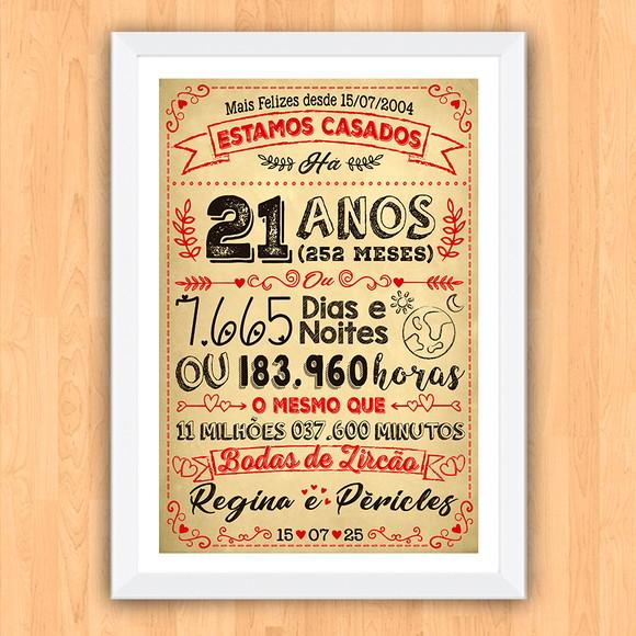 Quadro Poster Chalkboard Bodas de Zircão 21 Anos A3 30x42cm