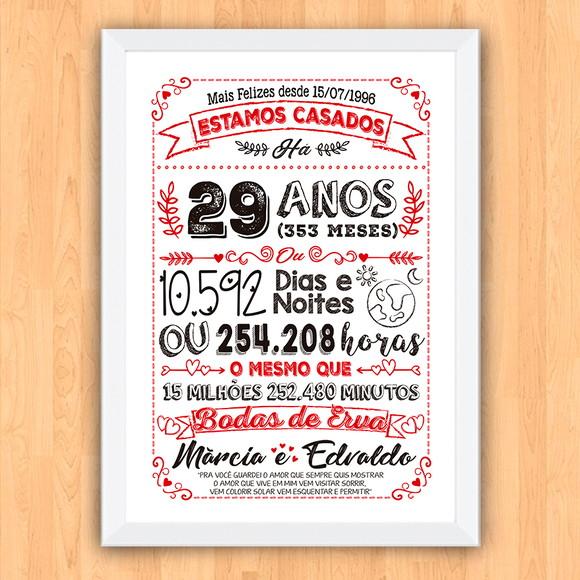 Quadro Poster Chalkboard Bodas Erva 29 Anos A3 30x42cm