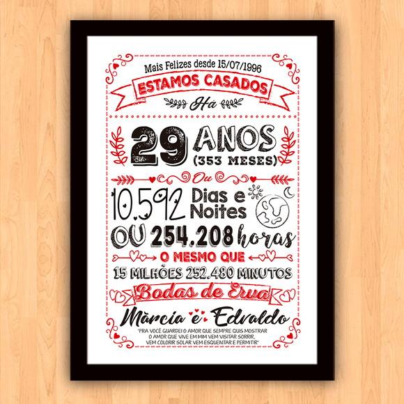 Quadro Poster Chalkboard Bodas Erva 29 Anos A3 30x42cm