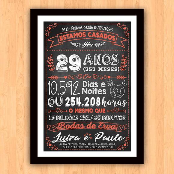 Quadro Poster Chalkboard Bodas Erva 29 Anos A3 30x42cm