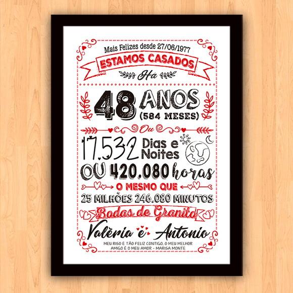 Quadro Poster Chalkboard Bodas Granito 48 Anos A3 30x42cm