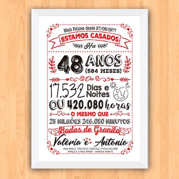 Quadro Poster Chalkboard Bodas Granito 48 Anos A3 30x42cm