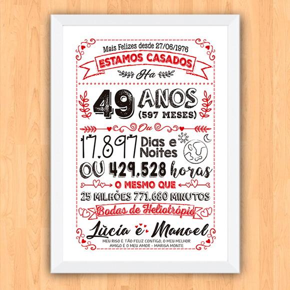 Quadro Poster Chalkboard Bodas Heliotrópio 49 Anos 30x42cm