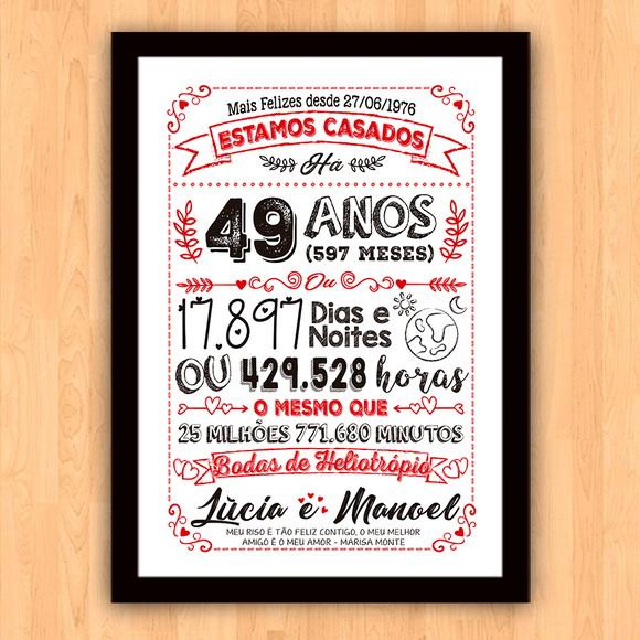 Quadro Poster Chalkboard Bodas Heliotrópio 49 Anos 30x42cm