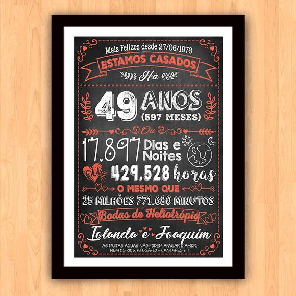Quadro Poster Chalkboard Bodas Heliotrópio 49 Anos 30x42cm