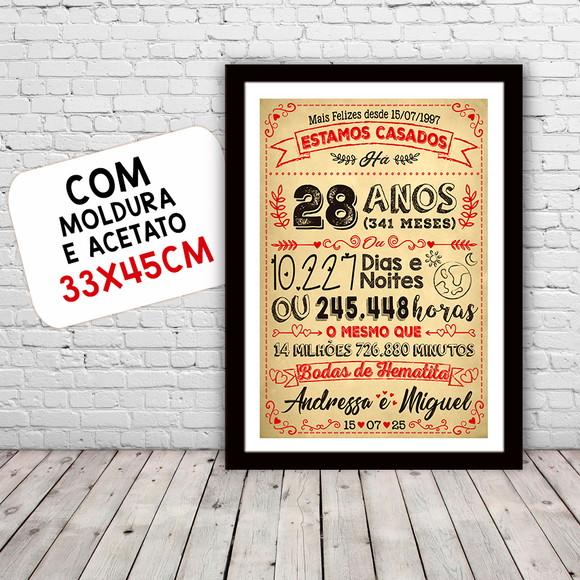 Quadro Poster Chalkboard Bodas Hematita 28 Anos 30x42cm