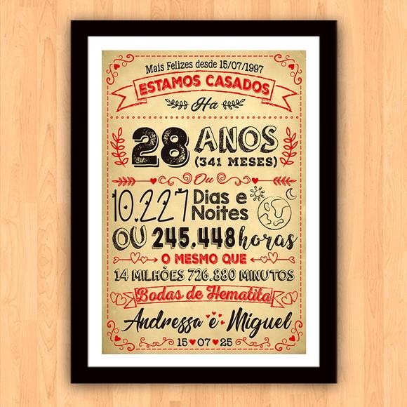 Quadro Poster Chalkboard Bodas Hematita 28 Anos 30x42cm