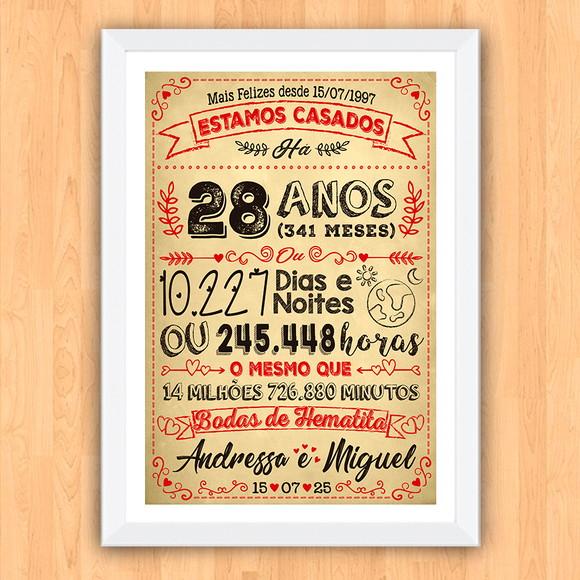 Quadro Poster Chalkboard Bodas Hematita 28 Anos 30x42cm