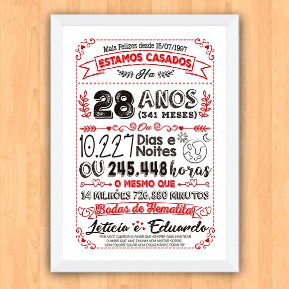 Quadro Poster Chalkboard Bodas Hematita 28 Anos 30x42cm