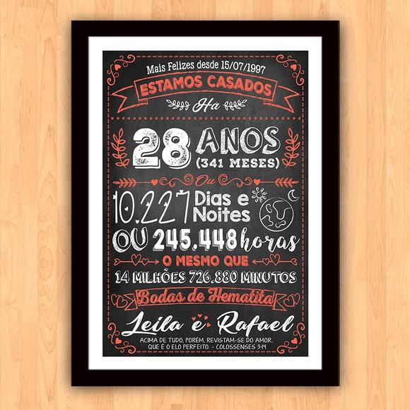 Quadro Poster Chalkboard Bodas Hematita 28 Anos 30x42cm