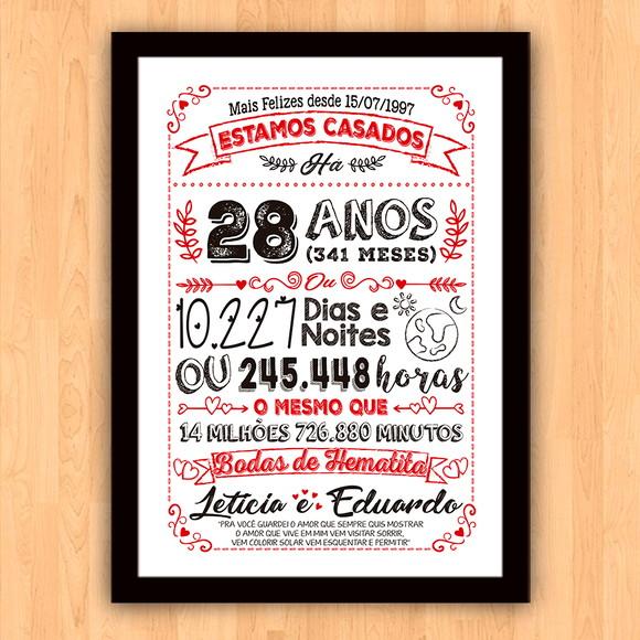 Quadro Poster Chalkboard Bodas Hematita 28 Anos 30x42cm