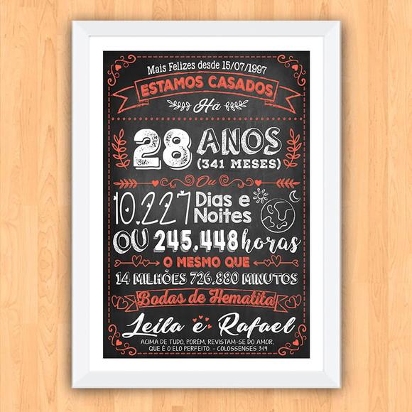 Quadro Poster Chalkboard Bodas Hematita 28 Anos 30x42cm