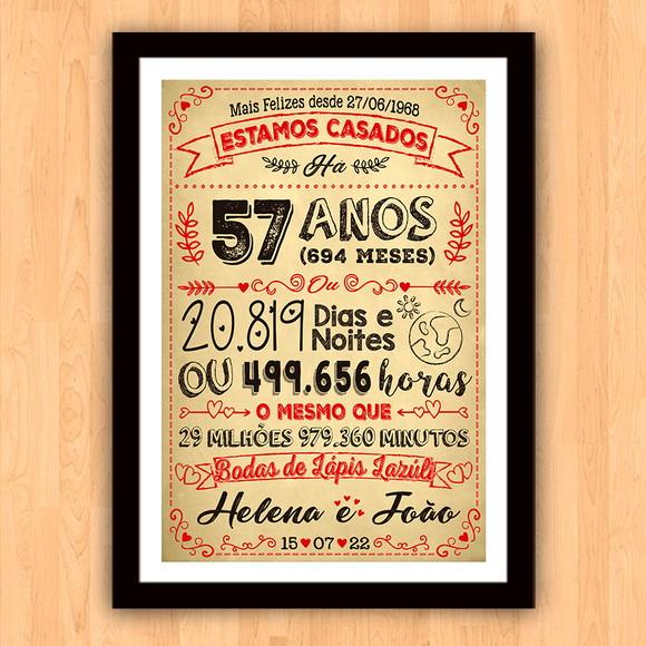 Quadro Poster Chalkboard Bodas Lápis Lazuli 57 Anos A3