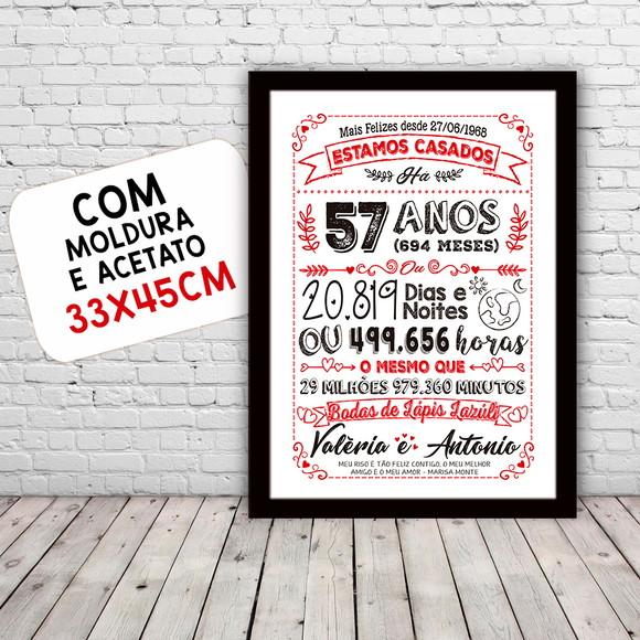Quadro Poster Chalkboard Bodas Lápis Lazuli 57 Anos A3