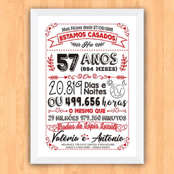 Quadro Poster Chalkboard Bodas Lápis Lazuli 57 Anos A3