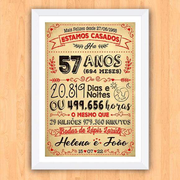 Quadro Poster Chalkboard Bodas Lápis Lazuli 57 Anos A3
