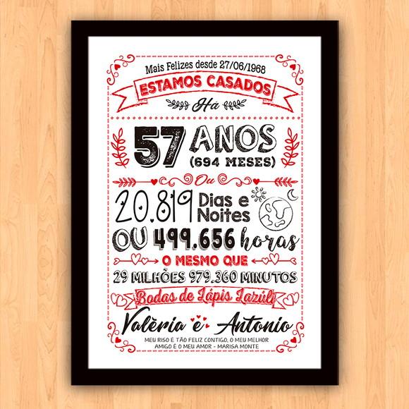 Quadro Poster Chalkboard Bodas Lápis Lazuli 57 Anos A3