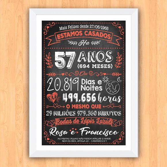 Quadro Poster Chalkboard Bodas Lápis Lazuli 57 Anos A3