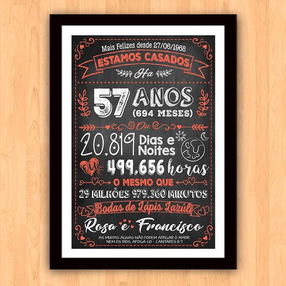 Quadro Poster Chalkboard Bodas Lápis Lazuli 57 Anos A3