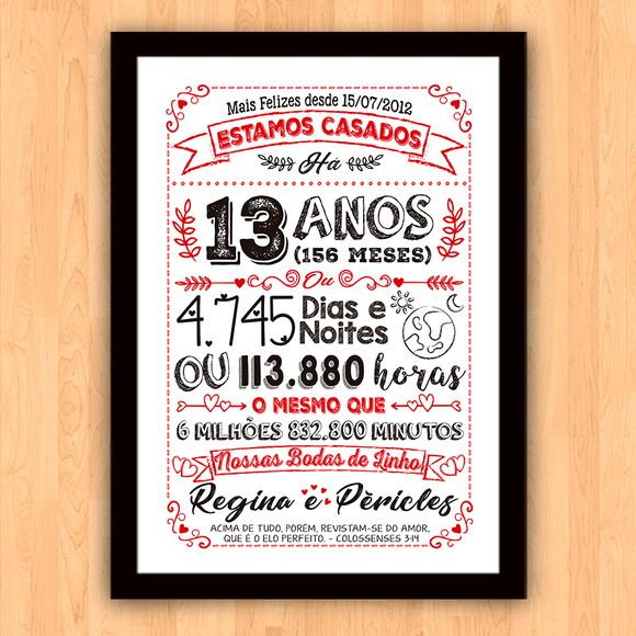 Quadro Poster Chalkboard Bodas Linho 13 Anos A3 30x42cm
