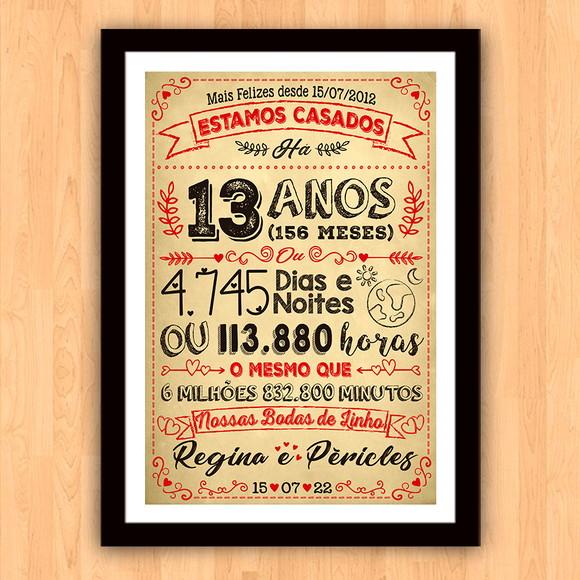 Quadro Poster Chalkboard Bodas Linho 13 Anos A3 30x42cm
