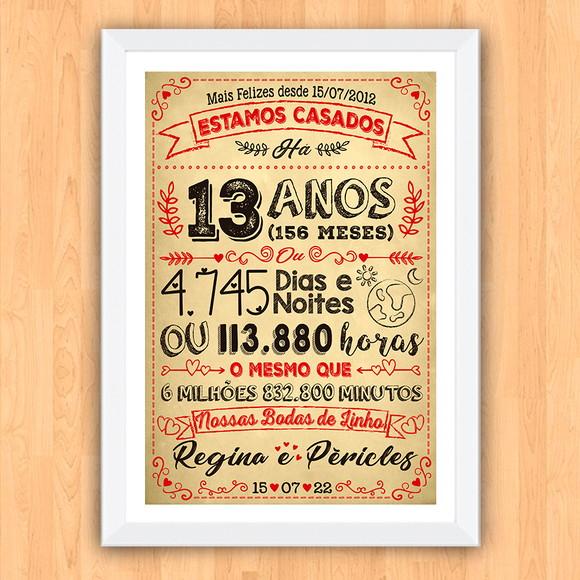 Quadro Poster Chalkboard Bodas Linho 13 Anos A3 30x42cm