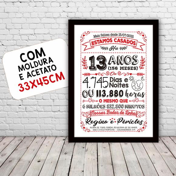 Quadro Poster Chalkboard Bodas Linho 13 Anos A3 30x42cm