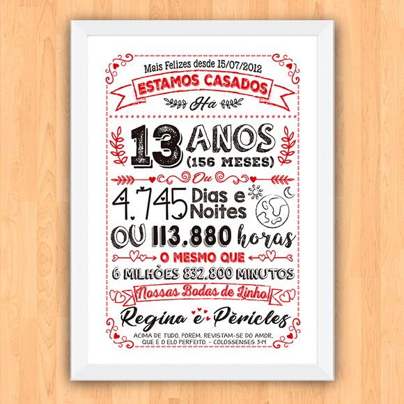 Quadro Poster Chalkboard Bodas Linho 13 Anos A3 30x42cm