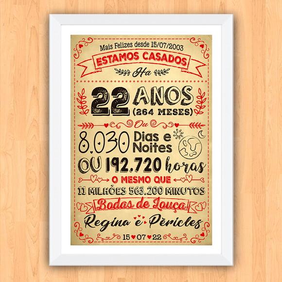 Quadro Poster Chalkboard Bodas Louça 22 Anos A3 30x42cm