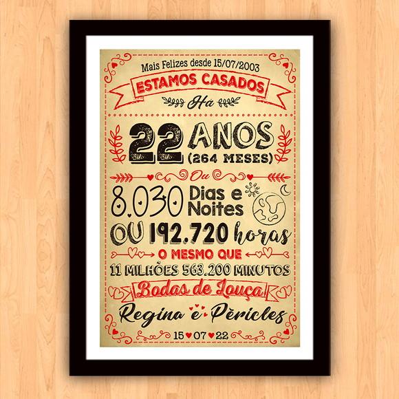 Quadro Poster Chalkboard Bodas Louça 22 Anos A3 30x42cm