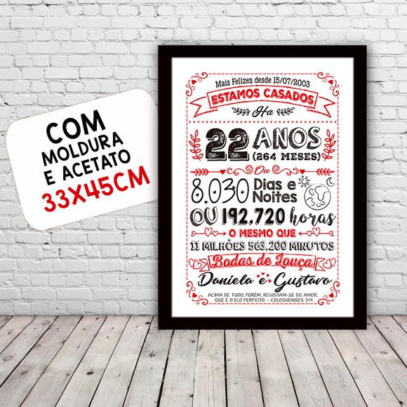 Quadro Poster Chalkboard Bodas Louça 22 Anos A3 30x42cm