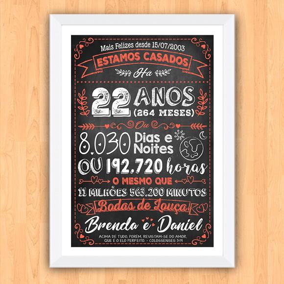 Quadro Poster Chalkboard Bodas Louça 22 Anos A3 30x42cm