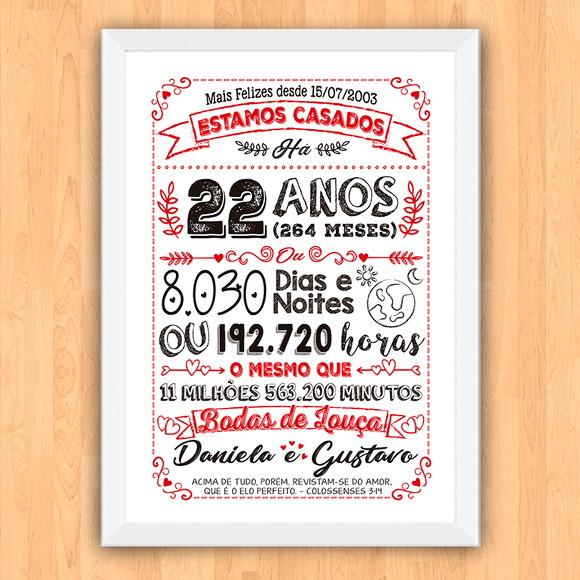 Quadro Poster Chalkboard Bodas Louça 22 Anos A3 30x42cm