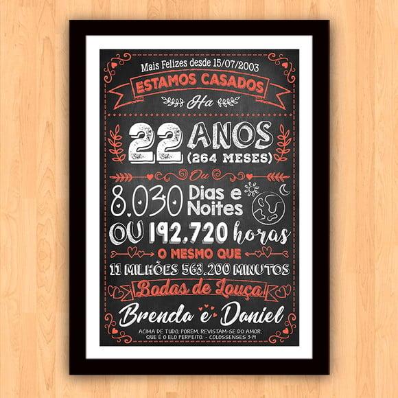 Quadro Poster Chalkboard Bodas Louça 22 Anos A3 30x42cm