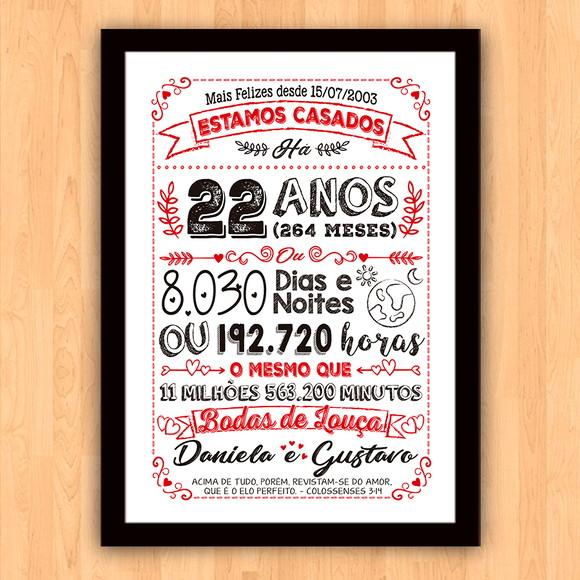 Quadro Poster Chalkboard Bodas Louça 22 Anos A3 30x42cm