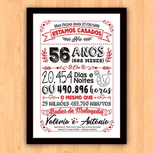 Quadro Poster Chalkboard Bodas Malaquita 56 Anos 30x42cm