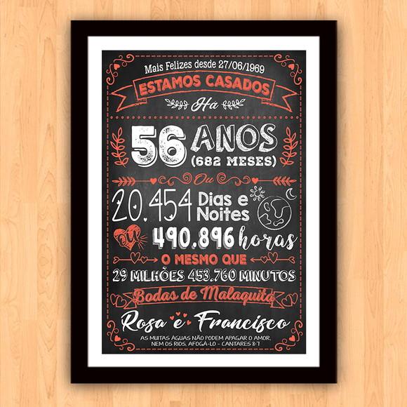 Quadro Poster Chalkboard Bodas Malaquita 56 Anos 30x42cm