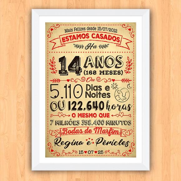 Quadro Poster Chalkboard Bodas Marfim 14 Anos A3 30x42cm