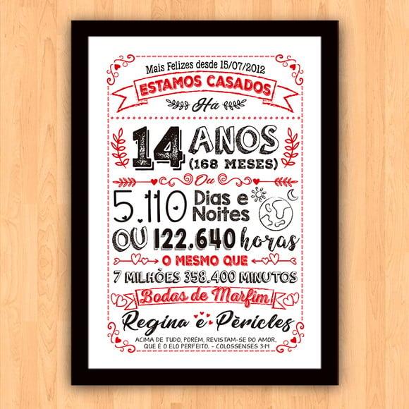 Quadro Poster Chalkboard Bodas Marfim 14 Anos A3 30x42cm