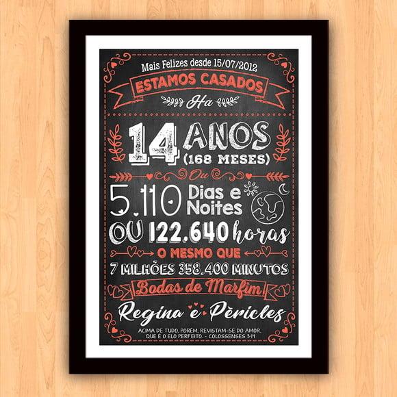 Quadro Poster Chalkboard Bodas Marfim 14 Anos A3 30x42cm