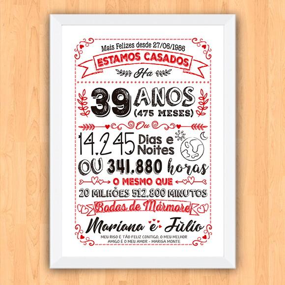 Quadro Poster Chalkboard Bodas Mármore 39 Anos A3 30x42cm