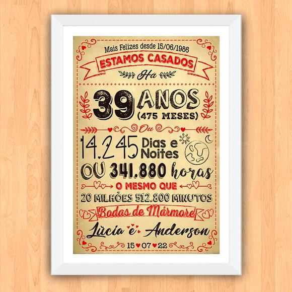Quadro Poster Chalkboard Bodas Mármore 39 Anos A3 30x42cm